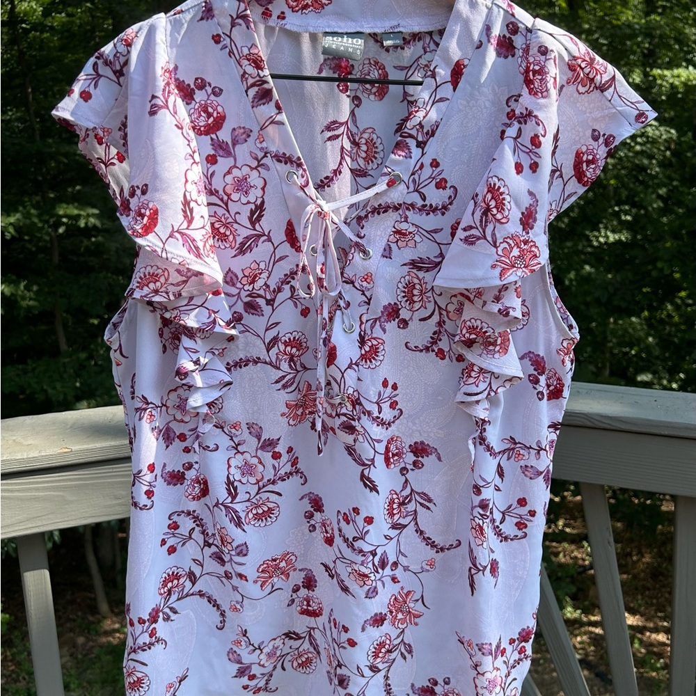 Soho Lavendar and Burgundy Floral Blouse Ruffles and Bows Size L